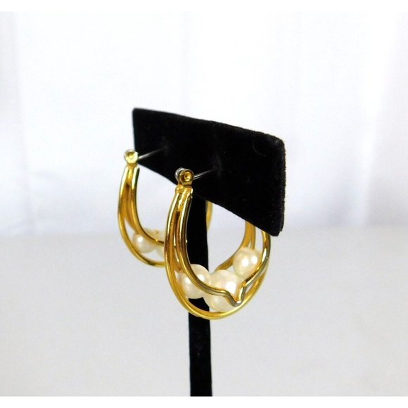 Faux Pearl Triple Wire Hoop Gold Tone Earrings Hinged Closure Pierced Ears - Picture 4 of 9